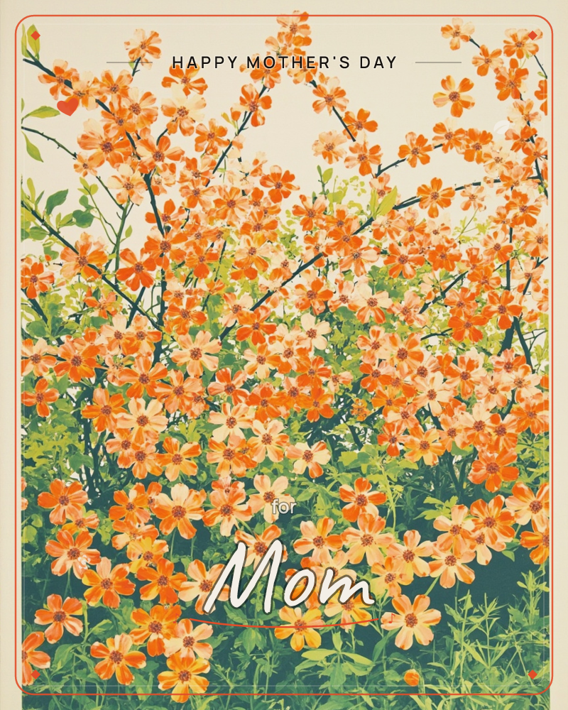 A dense thicket of orange and peach blossoms fills the frame, branching upward against a pale cream sky, a mothersday e-card design