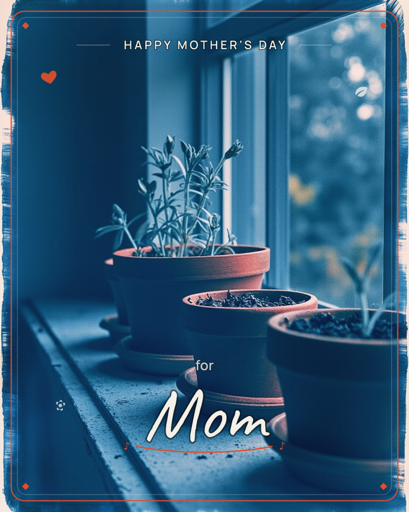 Three terracotta pots line a quiet windowsill, one holding a budding, leggy plant while the others show fresh dark soil and tiny seedlings just…, a mothersday e-card design