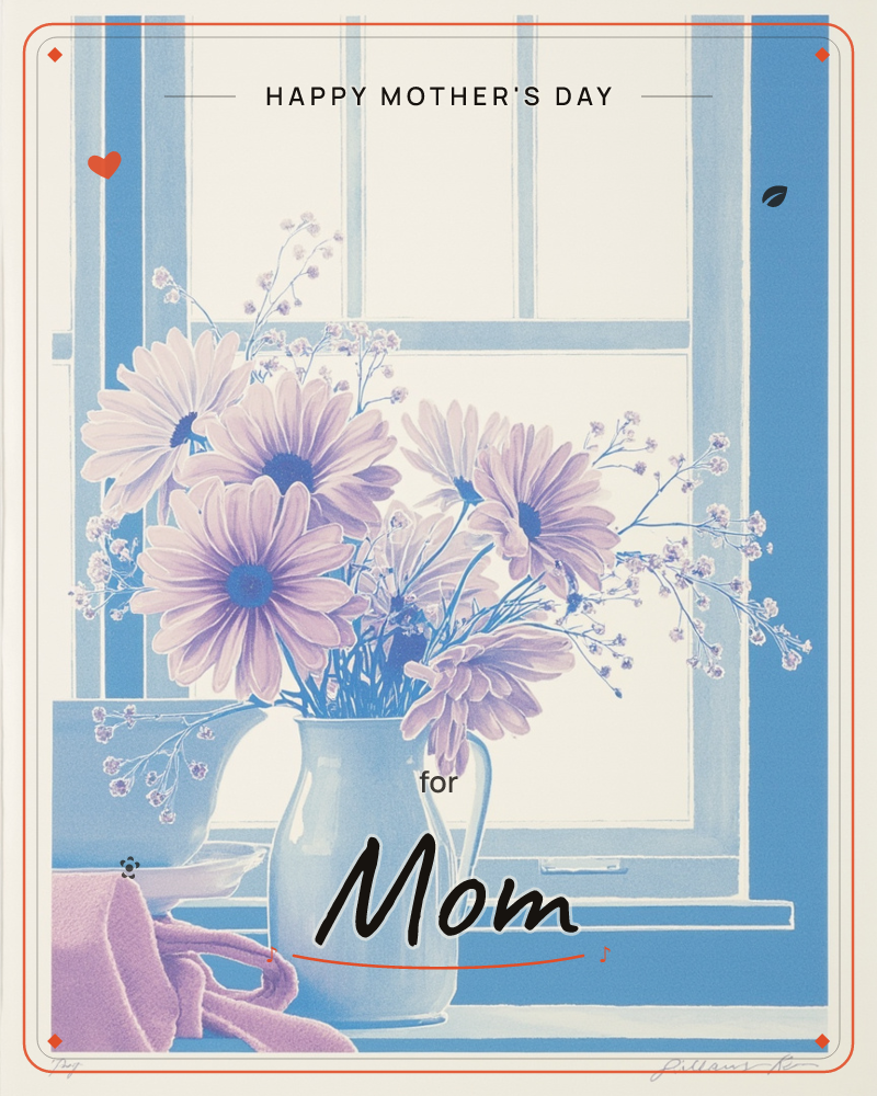 A blue ceramic pitcher holds a loose bunch of lavender-pink daisies and sprays of tiny baby's-breath, set on a windowsill against panes of soft blue…, a mothersday e-card design