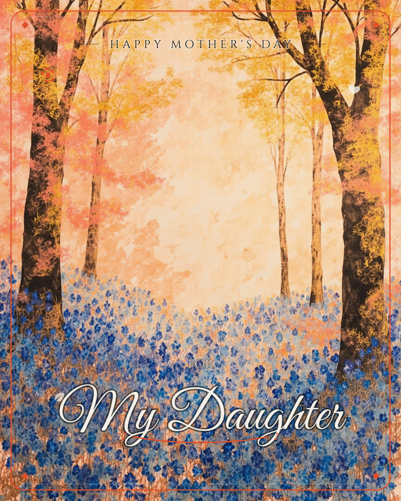 A woodland glows in warm gold and coral light, tall dark tree trunks rising through a haze of amber leaves, a mothersday e-card design