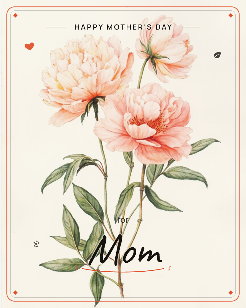 Three peony blooms in shades of blush and coral open on slender stems with narrow green leaves, set against a glowing cream vignette that fades to soft…, a mothersday e-card design