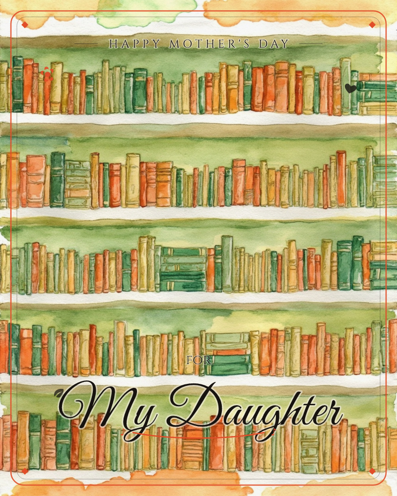 Five crowded shelves of books fill the page from top to bottom, spines painted in loose watercolour washes of green, rust orange and gold, a mothersday e-card design