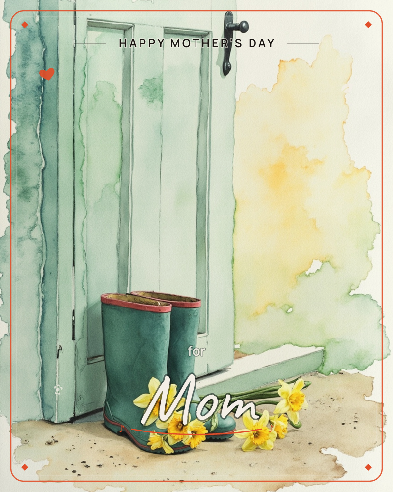 A pair of green wellington boots with red trim stands on a stone step beside a soft teal cottage door, a bunch of freshly cut daffodils leaning against…, a mothersday e-card design