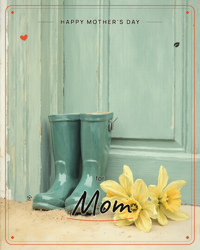 A pair of glossy sage-green wellington boots stands against a weathered painted door in the same soft green, with two yellow daffodils resting on the…, a mothersday e-card design