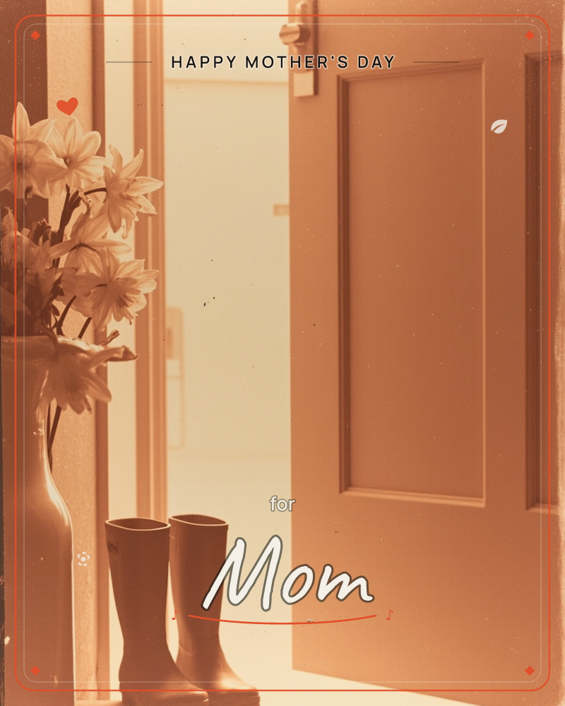 A sepia-toned photograph of an open front door, warm light spilling in from the hallway beyond, a mothersday e-card design