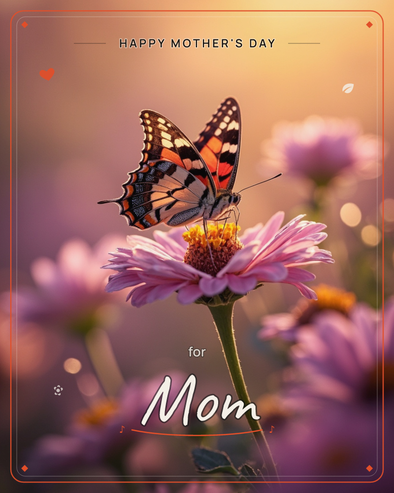 A black, orange and white butterfly rests on a pink daisy-like flower, wings held open toward the light, a mothersday e-card design