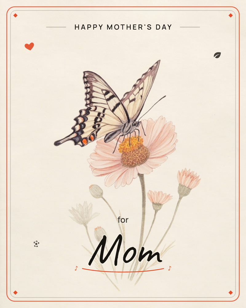 A swallowtail butterfly rests on a pale pink daisy, its striped wings fanned open above a cluster of budding blooms and slender stems, a mothersday e-card design