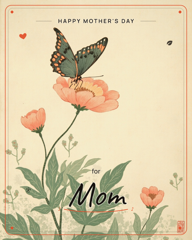 A dark blue-green butterfly with orange and black markings rests on a peach-pink blossom, its wings spread flat in the traditional Japanese woodblock…, a mothersday e-card design