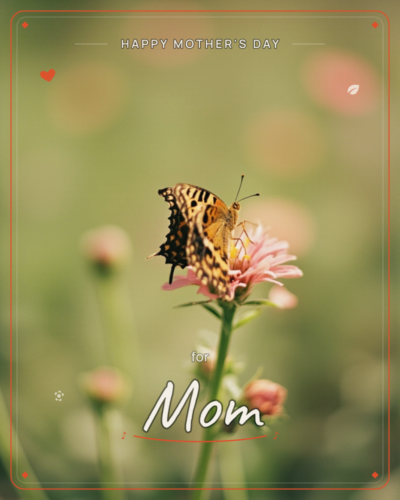 A single orange and black butterfly rests on a pale pink flower, wings open to catch the light, a mothersday e-card design