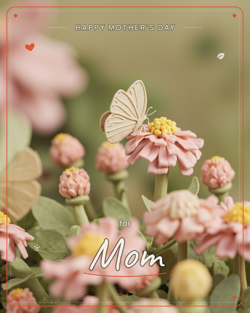 A close-up of sculpted clay-look flowers in soft blush pink, their petals ruffled and layered around bright yellow centres, a mothersday e-card design