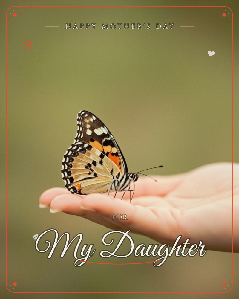 A close-up photograph shows an open hand held out flat, with a butterfly resting delicately on the fingertips, a mothersday e-card design