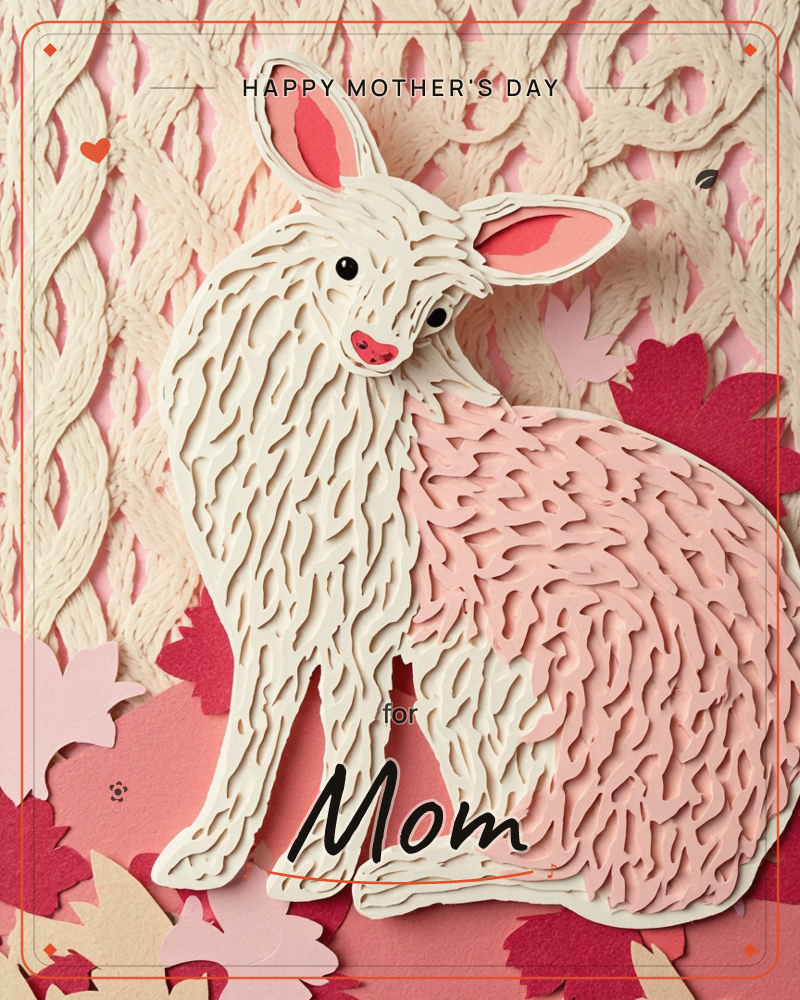 A layered paper-cut rabbit sits with its head turned back over its shoulder, its fur rendered in intricate cream and blush-pink cut strands, a mothersday e-card design