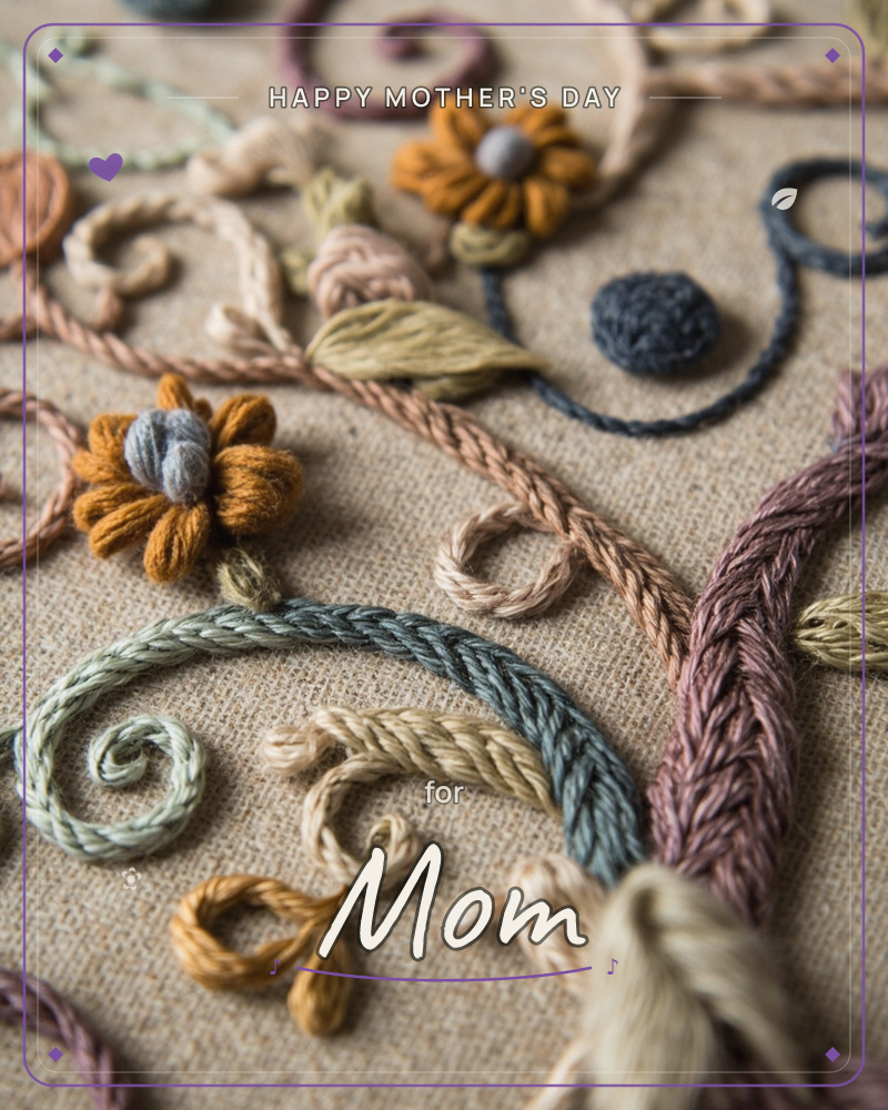 Extreme close-up photograph of hand embroidery on coarse tan linen, a mothersday e-card design