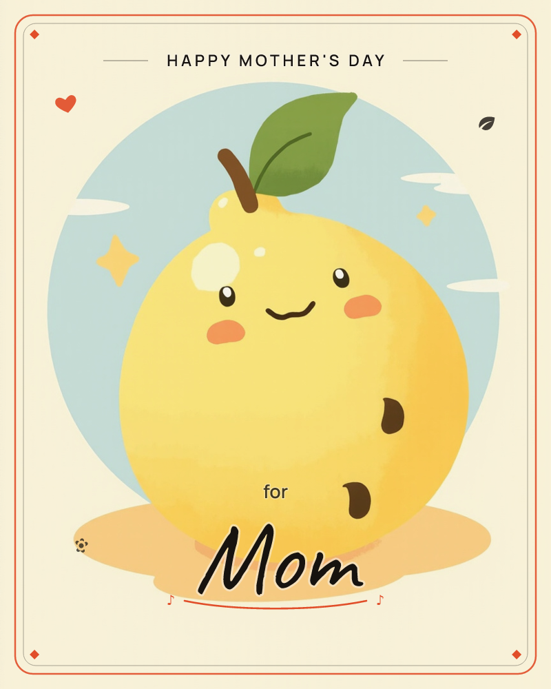 A round, plump yellow pear with a happy face sits centred against a pale blue circle sky dotted with soft clouds and little star sparkles, a mothersday e-card design