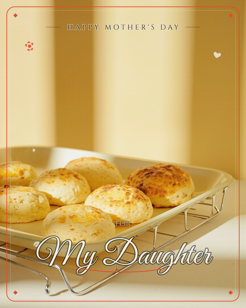 A tray of freshly baked cheese rolls sits cooling on a small wire rack, their golden-brown tops catching warm light from behind, a mothersday e-card design