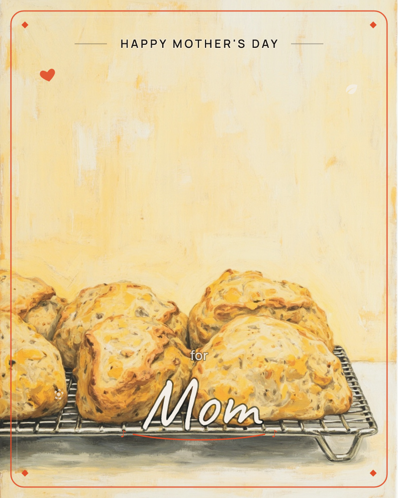 A row of golden, cheese-flecked savoury scones sits cooling on a wire rack against a loosely painted mustard-yellow backdrop, a mothersday e-card design