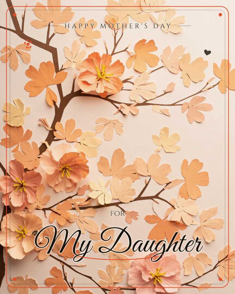 A paper-craft branch stretches across a soft blush background, covered in cut-paper leaves and blossoms in warm peach, apricot and dusty pink tones, a mothersday e-card design