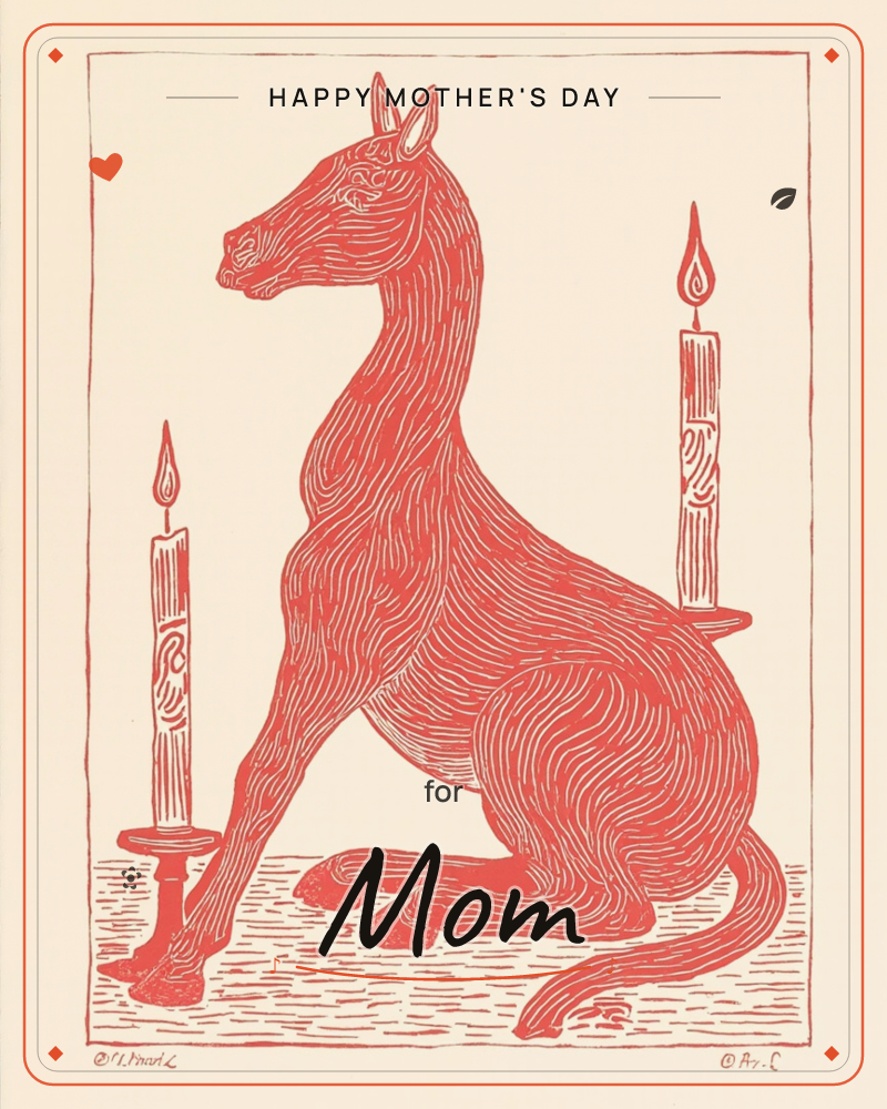 A stylised horse rendered entirely in fine red linework kneels on the ground between two tall lit candles, its long neck curved and one foreleg resting…, a mothersday e-card design