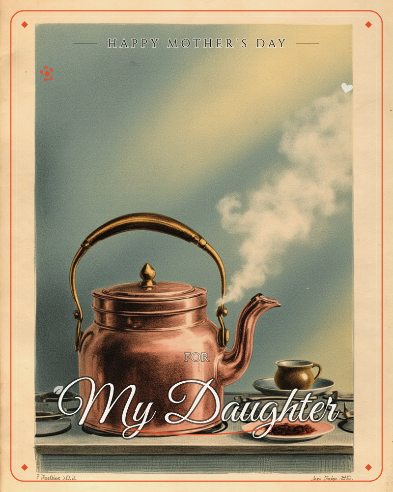 A polished copper kettle with a brass handle sits on a stovetop, its spout releasing a curl of white steam into a soft blue-and-cream backdrop, a mothersday e-card design