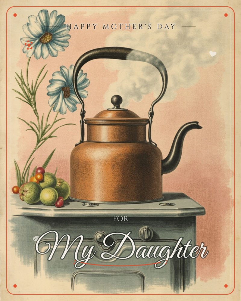 A copper kettle sits steaming atop a soft blue-grey stove, its curved black handle catching the light, a mothersday e-card design
