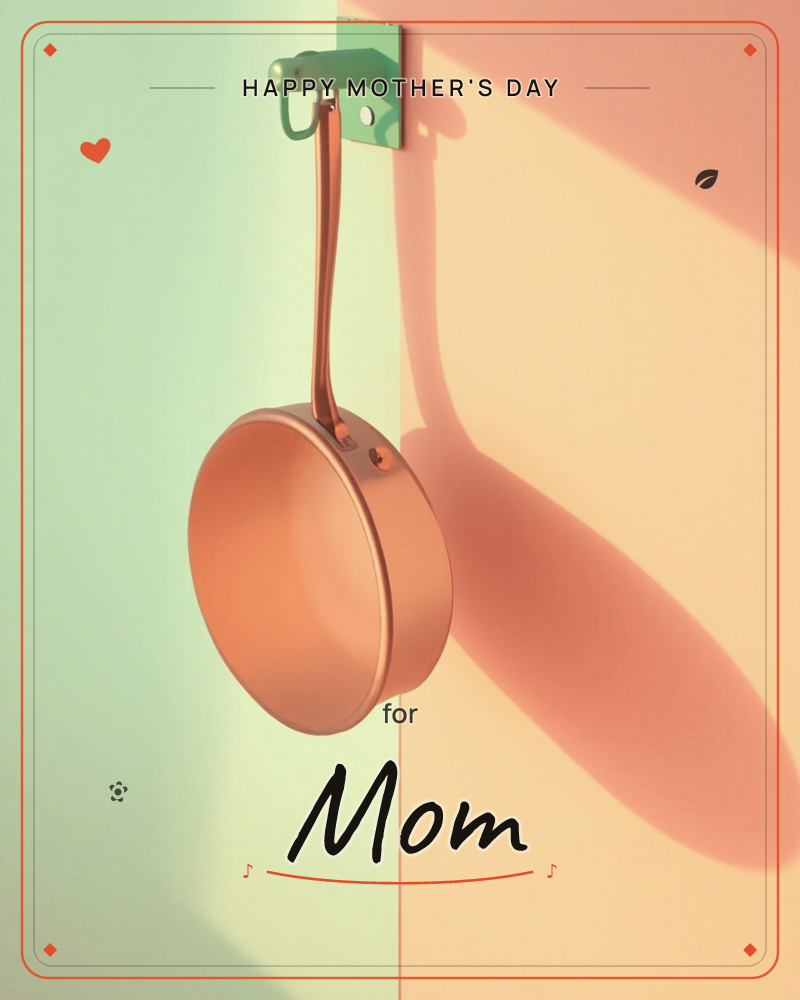 A copper-toned pan hangs from a small mint-green wall hook, caught where a mint wall meets a peach one, a mothersday e-card design