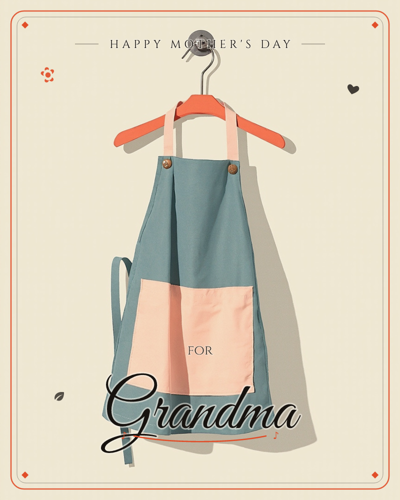A slate-blue apron with a pale pink pocket hangs from a bright orange hanger against a spotlighted wall, a single hook and dramatic shadow completing…, a mothersday e-card design
