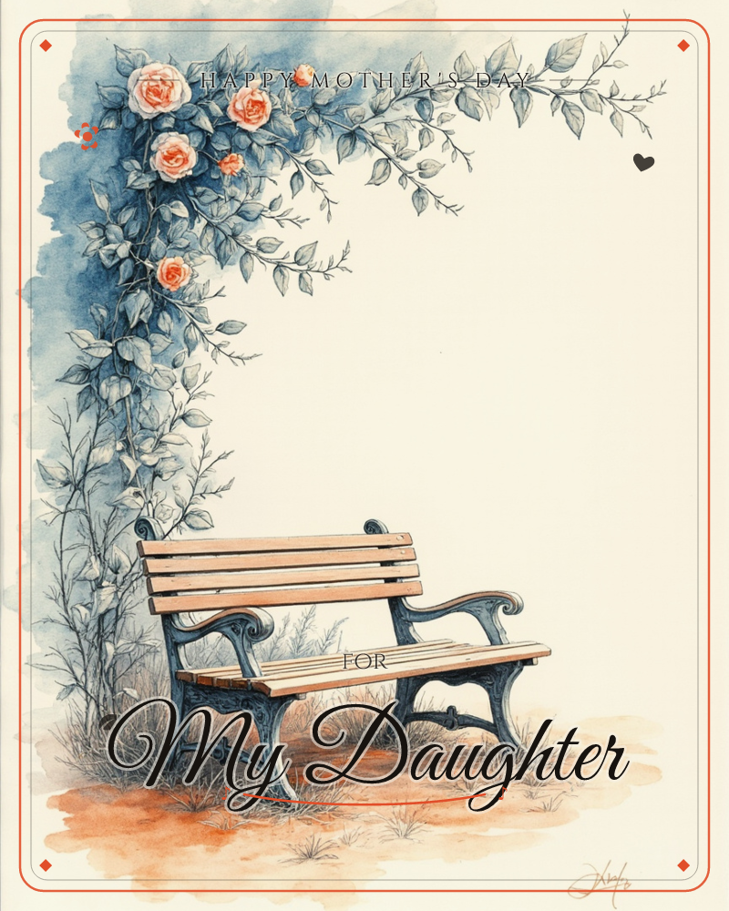 A wooden park bench with dark wrought-iron legs sits alone beneath an archway of climbing roses in soft coral and peach tones, a mothersday e-card design