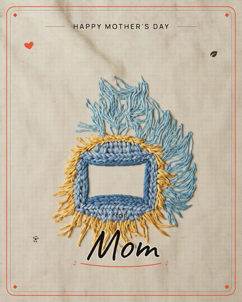An embroidered design sits on plain natural linen, showing an open rectangular frame stitched in dense blue thread, ringed with loose golden fringe and…, a mothersday e-card design