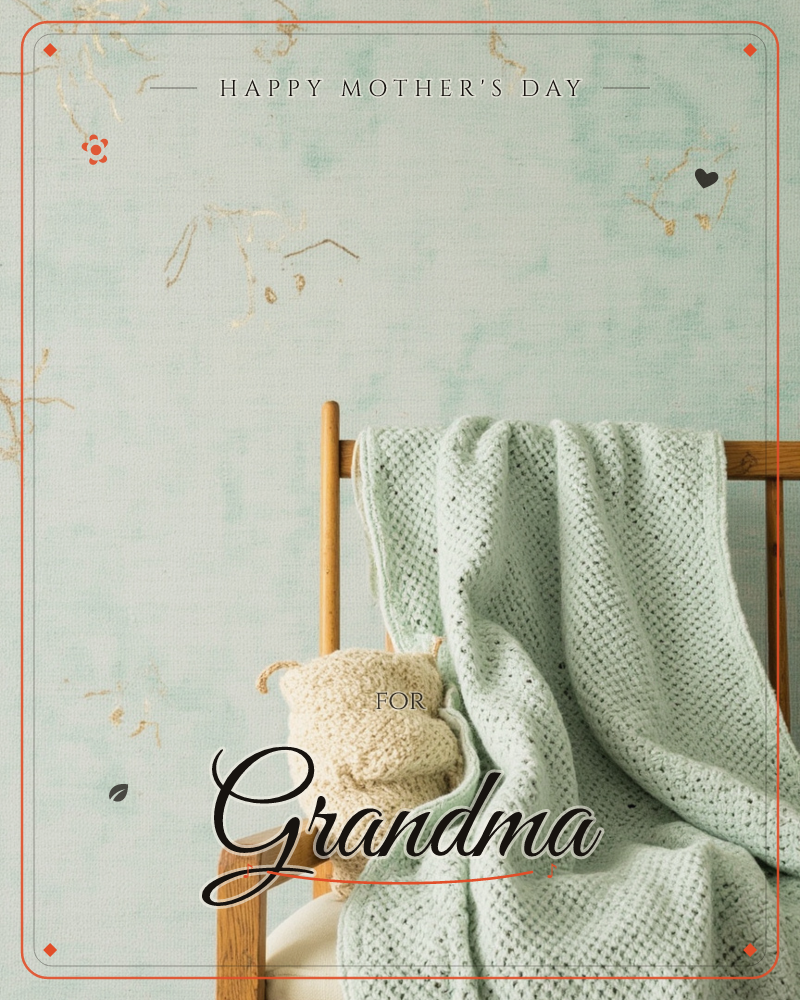 A wooden chair back holds a chunky mint-green knitted throw and a cream boucle cushion, set against a softly textured pale-green wall scattered with…, a mothersday e-card design