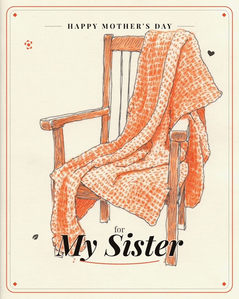 A wooden armchair sits alone on a cream background, drawn in scratchy orange ink cross-hatching, with a thick knitted throw blanket draped loosely over…, a mothersday e-card design