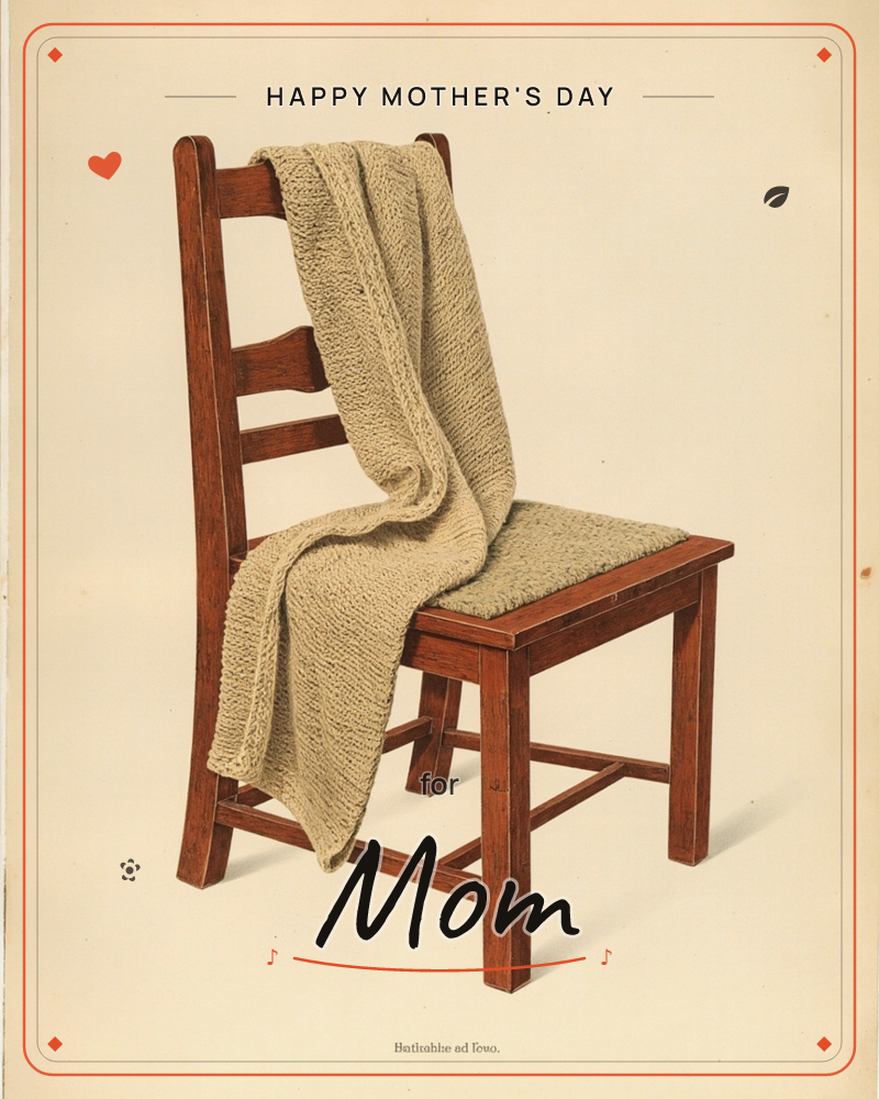 A simple wooden ladder-back chair sits alone against a plain cream background, a thick knitted throw draped over its back and pooling onto the seat, a mothersday e-card design