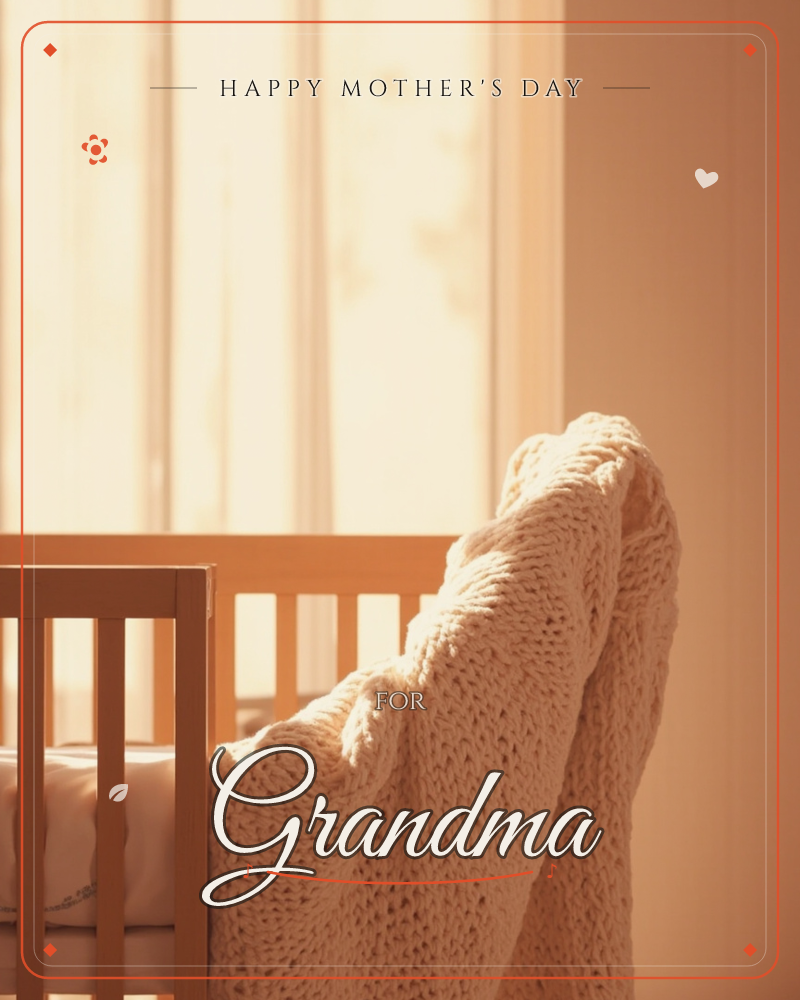 A wooden crib sits in a sunlit nursery, its slatted rail draped with a chunky cream knit blanket, a mothersday e-card design