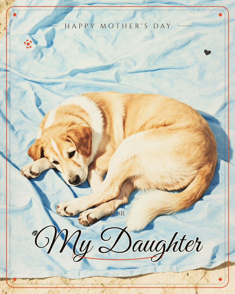 A golden and white dog lies curled up on a pale blue blanket spread over sand, its head resting on its paws in warm sunlight, a mothersday e-card design