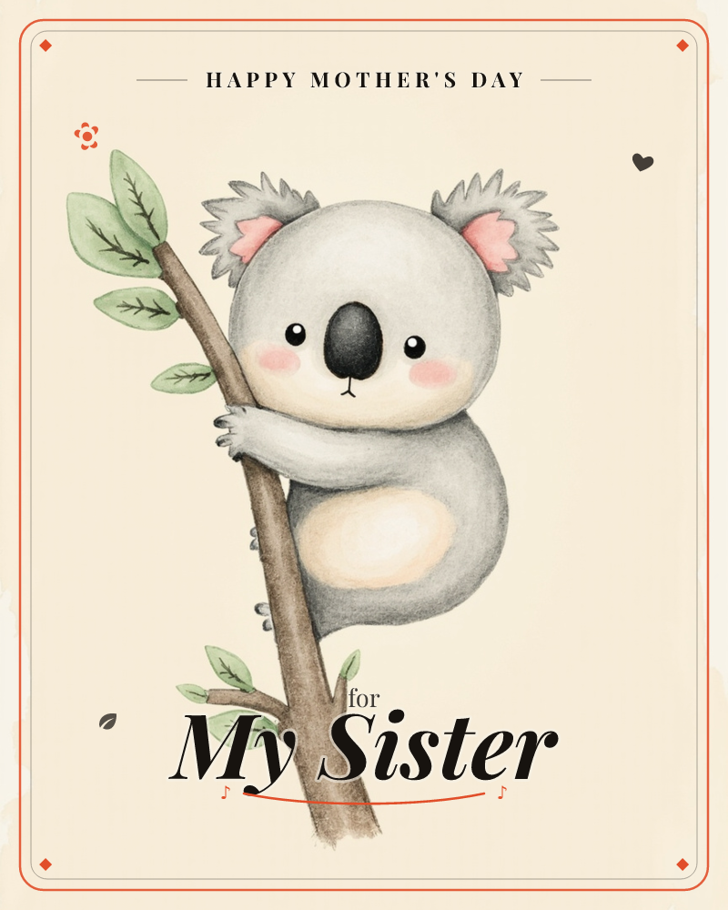 A round, wide-eyed koala with fluffy grey ears and rosy cheeks clings to a slender branch dotted with a few green leaves, a mothersday e-card design
