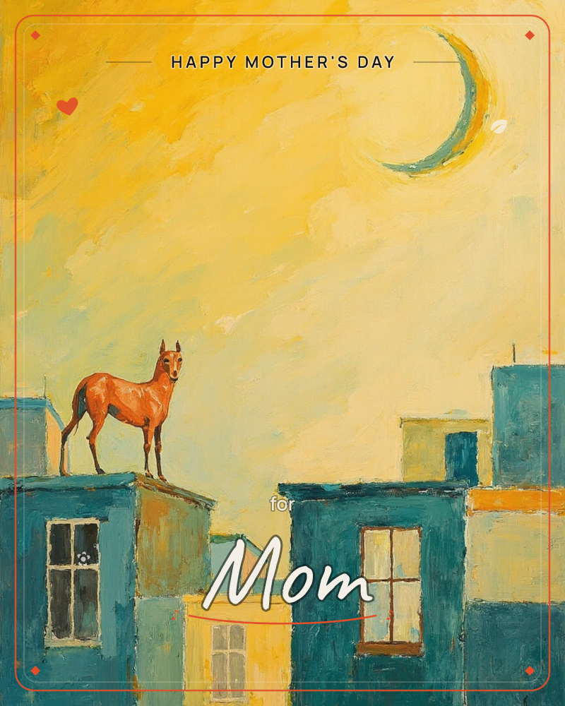 A slim rust-colored dog stands alert on a rooftop above a huddle of teal and gold buildings, silhouetted against a glowing yellow sky and a large…, a mothersday e-card design