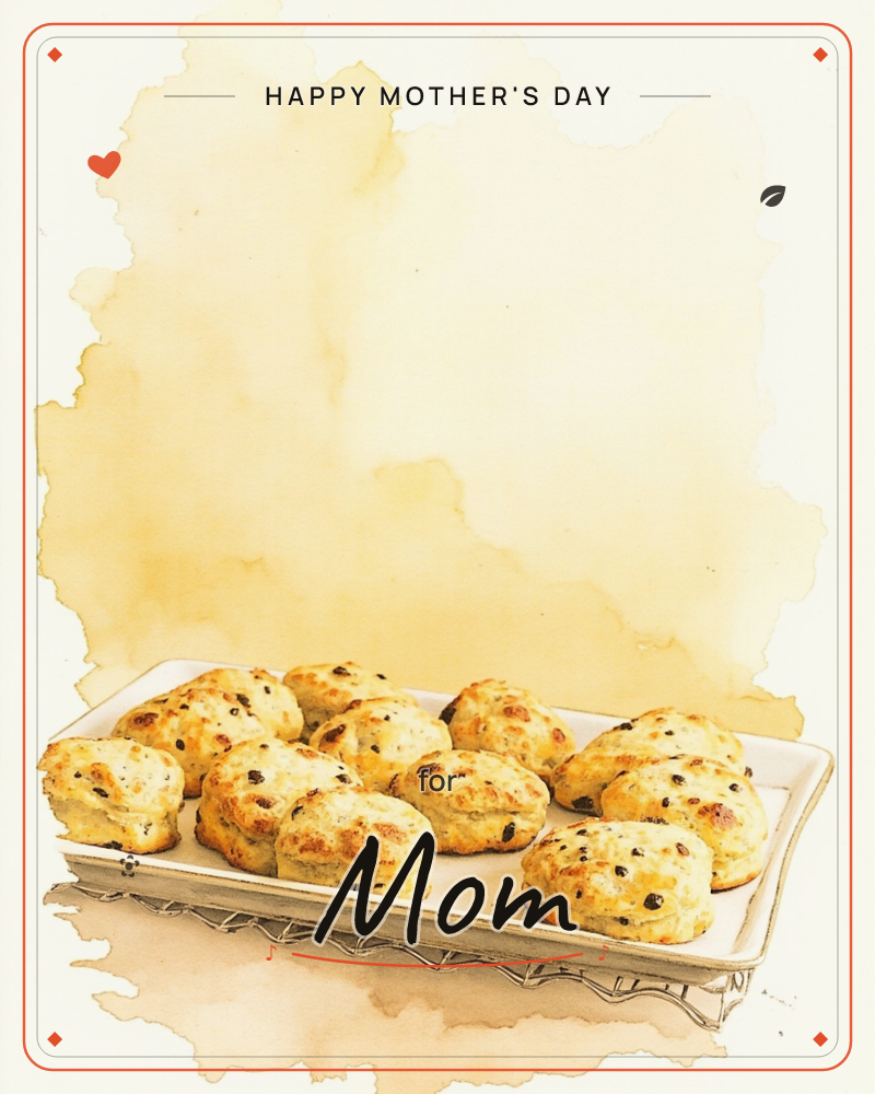 A white rectangular plate holds a row of freshly baked scones, their golden-brown tops flecked with currants and studded with dark specks, set against…, a mothersday e-card design