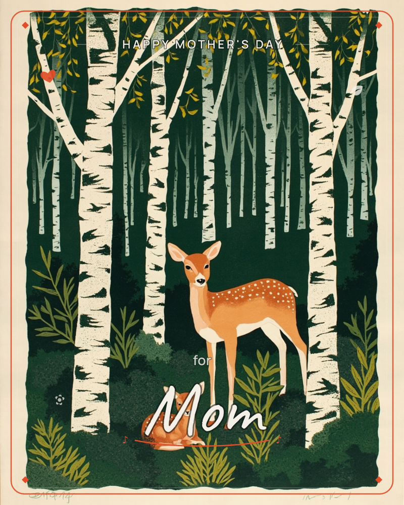 A spotted deer stands watchful among a grove of slender white birch trees, while a smaller fawn curls up resting in the ferns beside her, a mothersday e-card design