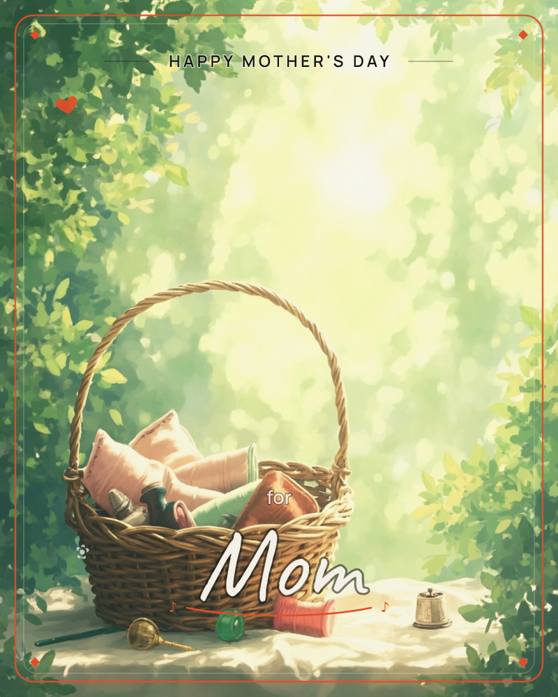 A woven wicker basket sits on a pale cloth surrounded by dappled sunlight and leafy branches, filled with folded fabric and spools of thread in dusty…, a mothersday e-card design