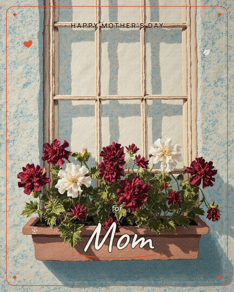 A paned window with cream frames sits in a pale blue textured wall, sunlight casting soft shadows across the glass, a mothersday e-card design