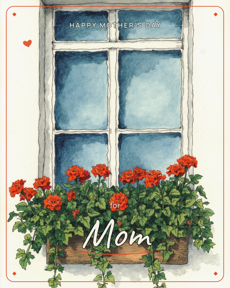 A white-paned window with deep blue-grey glass looks out from the page, its wooden box beneath overflowing with red geraniums and trailing green ivy, a mothersday e-card design