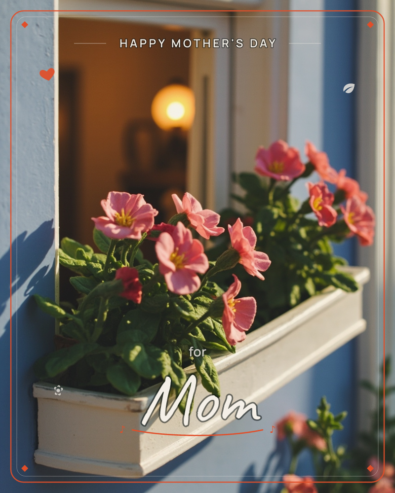 A cream window box overflows with pink and coral blooms against a soft blue wall, warm evening sunlight raking across the petals and leaves, a mothersday e-card design