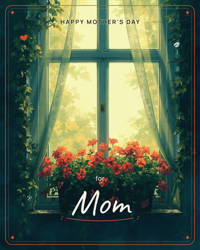 A window box overflows with red geraniums against a windowpane where sheer curtains glow gold with soft afternoon light, a mothersday e-card design