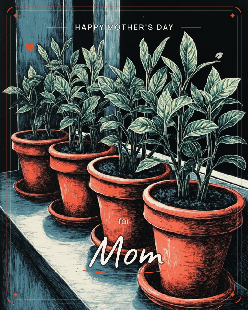 Four terracotta pots line a windowsill at night, each holding a leafy green plant lit by a cool blue-white light from outside, a mothersday e-card design