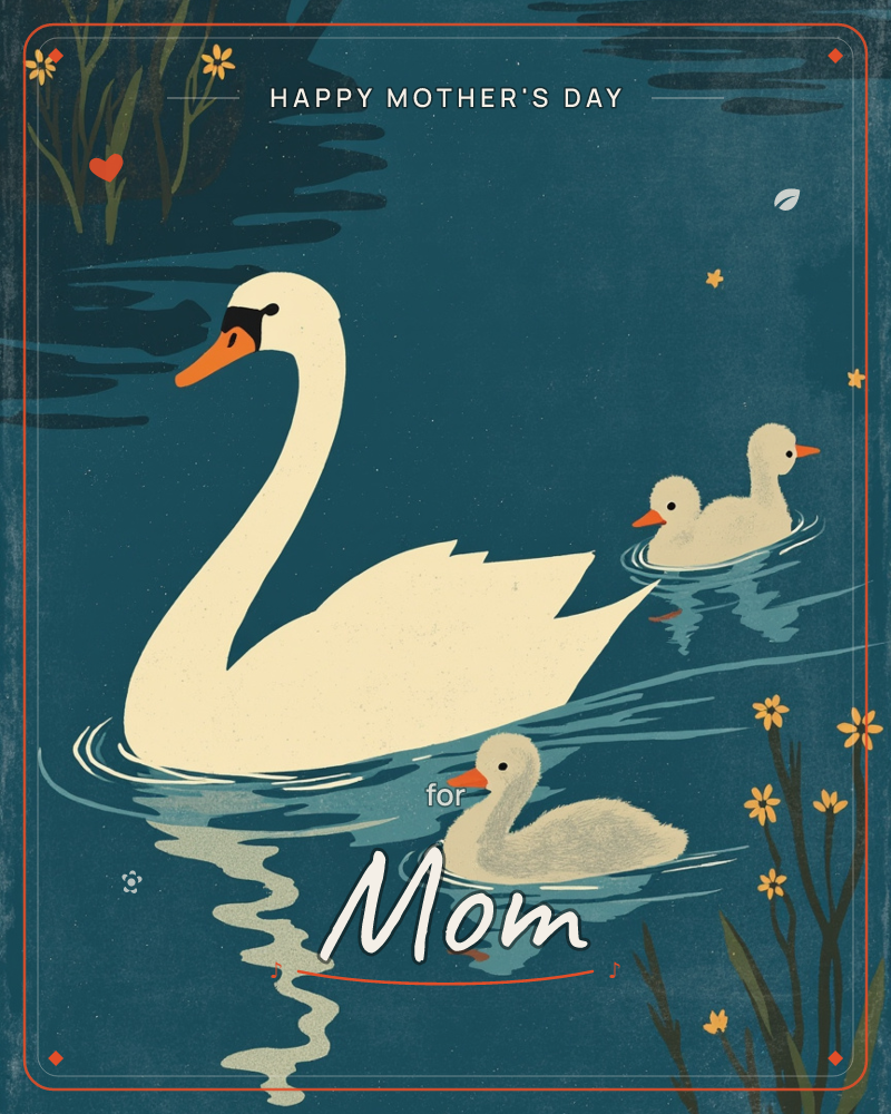 A cream-white swan glides across deep teal water, trailing three fluffy grey cygnets in its wake, while tiny yellow wildflowers and dark grasses frame…, a mothersday e-card design