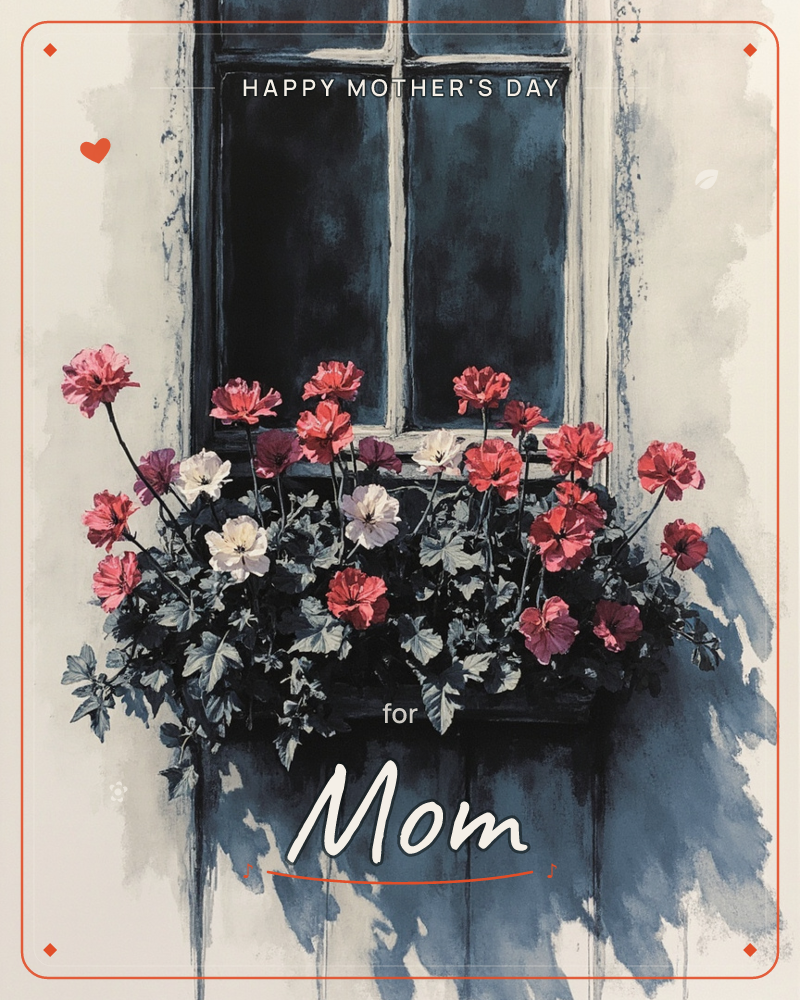 A dark-paned window with white mullions holds a weathered flower box overflowing with red, white, and burgundy blooms and trailing ivy, a mothersday e-card design