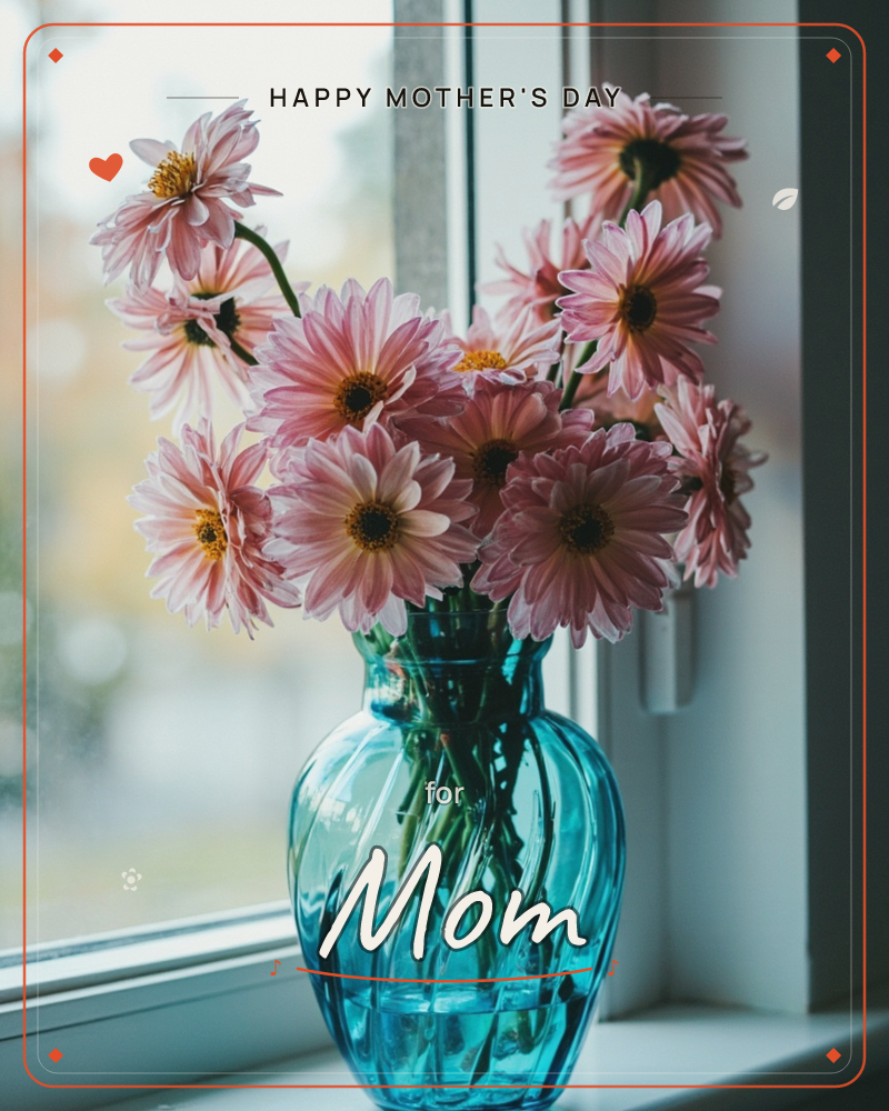 A cluster of pink daisies leans out of a ribbed turquoise glass vase set on a white windowsill, soft daylight and blurred autumn colour glowing through…, a mothersday e-card design