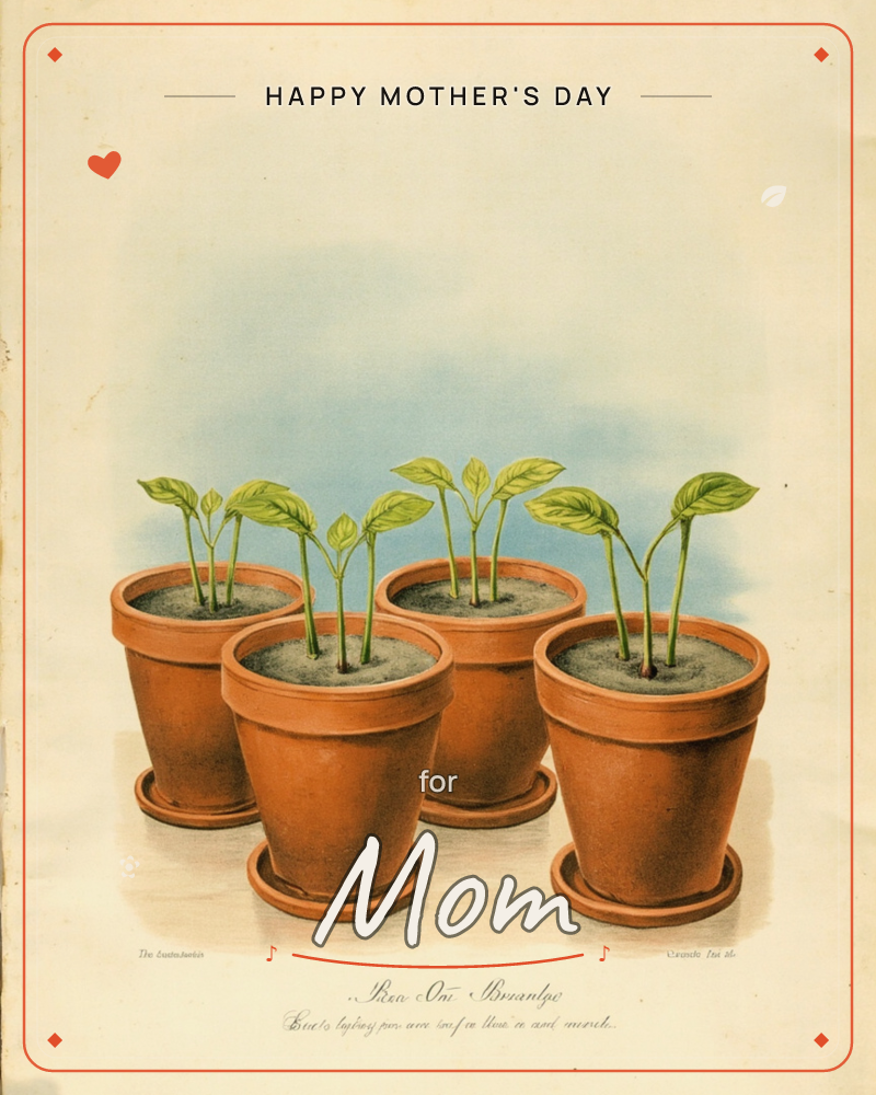 Four terracotta pots sit in a row on a pale surface against a soft blue-washed sky, each holding a young seedling with fresh green leaves reaching upward, a mothersday e-card design