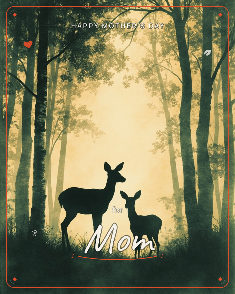 A doe and her fawn stand silhouetted in a misty forest clearing, framed by tall slender trees glowing gold in the hazy light, a mothersday e-card design