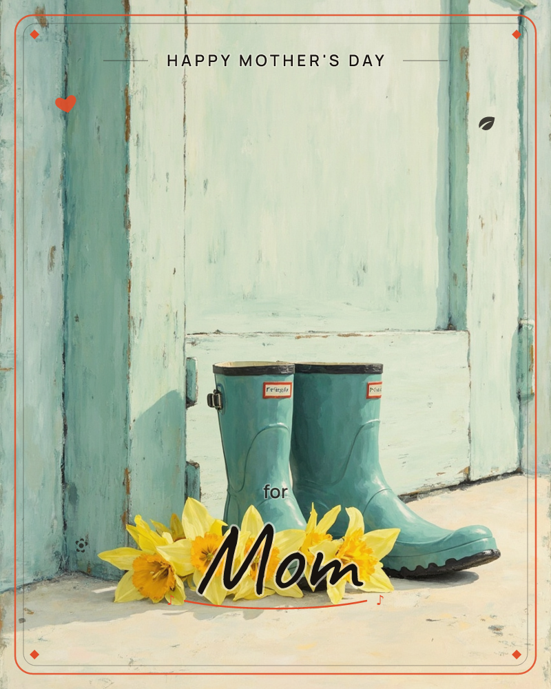 A pair of duck-egg blue wellington boots stands in a weathered wooden doorway, its paint flaking to reveal the grain beneath, a mothersday e-card design