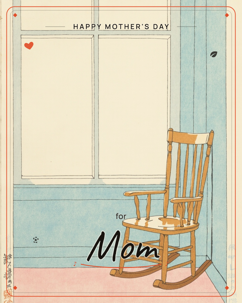 A wooden rocking chair sits empty in the corner of a quiet room, bathed in soft light from a large paned window, a mothersday e-card design